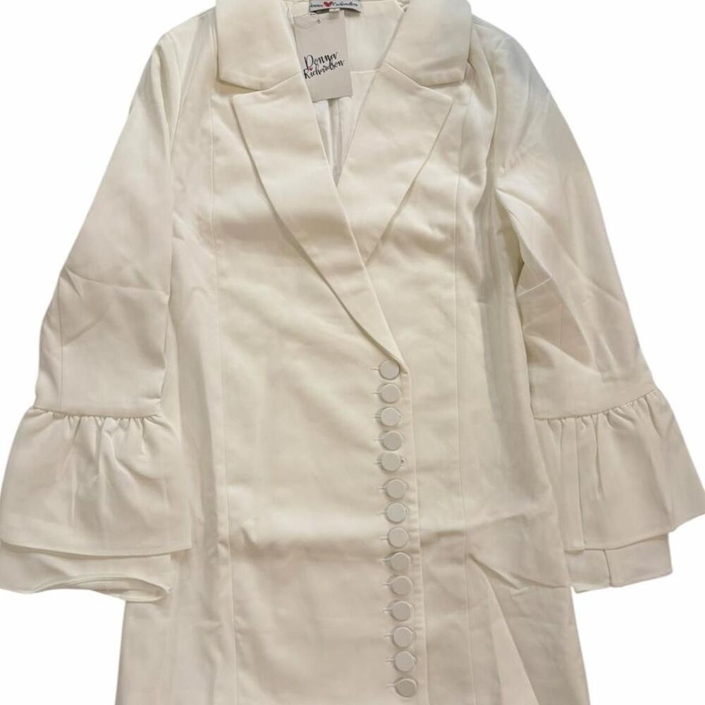 Donna Richardson White blazer dress with ruffled sleeves and button-up front